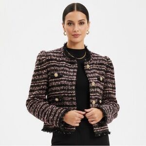 Zara | Black and Pink Cropped Tweed Blazer With Gold Accents and Pearl Buttons